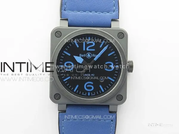 BR 03-92 Real Ceramic 1:1 Best Edition Black Dial Blue Markers on Blue Leather Strap MIYOTA 9015