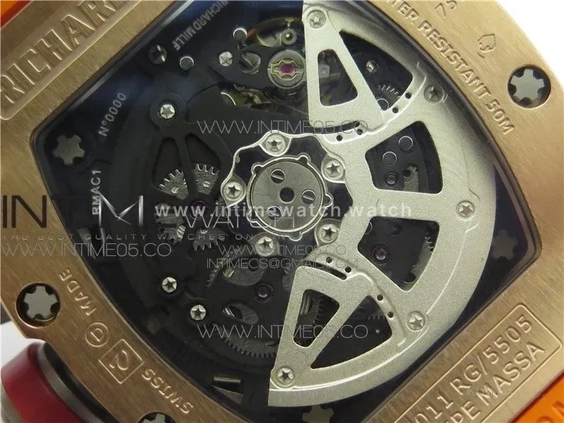 RM011-FM RG CHRONOGRAPH RG CASE KVF 1:1 BEST EDITION CRYSTAL SKELETON DIAL ON ORANGE RUBBER STRAP A7750