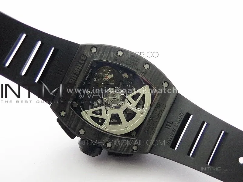 RM011 Carbon Case Carbon Bezel Chronograph KVF 1:1 Best Edition Skeleton Dial(Red Inner Bezel) on Black Rubber Strap A7750