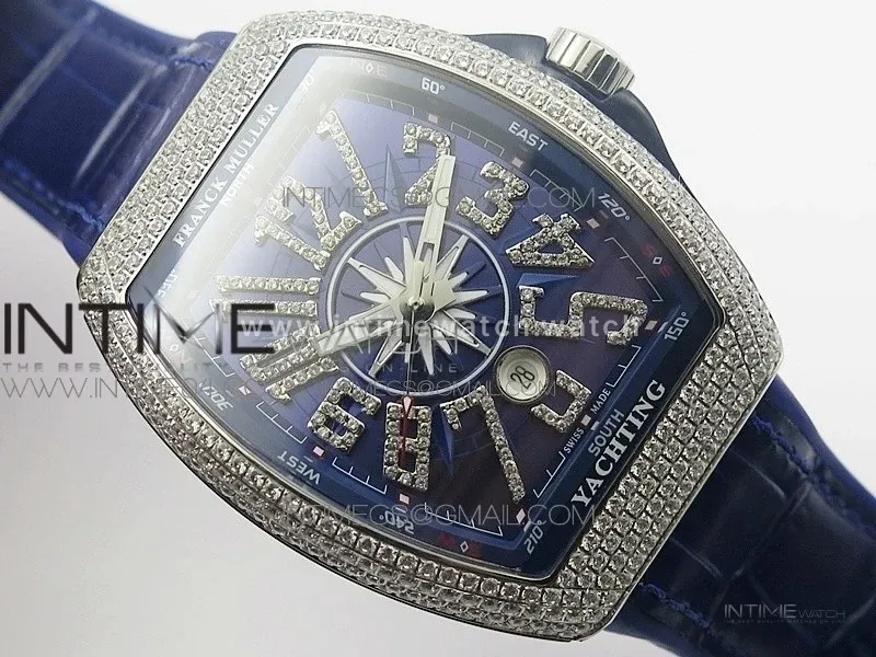 Vanguard V45 SS Full Diamonds Blue Textured Diamonds Markers on Blue Gummy Strap A2813