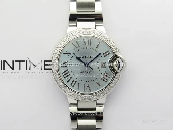 Ballon Bleu 33mm Diamonds Bezel SS 3KF 1:1 Best Edition Ice Blue Dial on SS Bracelet A076