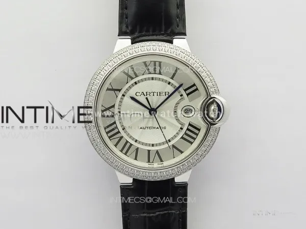 Ballon Bleu 42mm Diamonds Bezel SS 3KF 1:1 Best Edition White Texture Dial on Black Leather Strap A2824