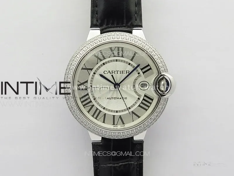 Ballon Bleu 42mm Diamonds Bezel SS 3KF 1:1 Best Edition White Texture Dial on Black Leather Strap A2824