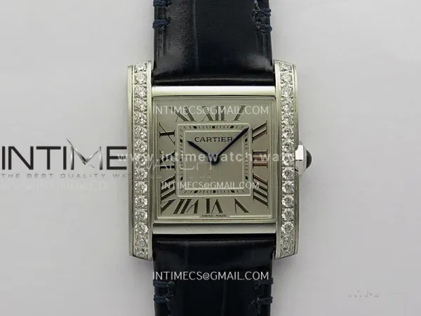 Tank Francaise Ladies 27mm Diamond Bezel SS 8848F 1:1 Best Edition Silver Dial on Black Leather Strap Ronda Quartz V2