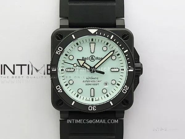 BR 03-92 Diver Black Ceramic Bezel PVD B12 1:1 Best Edition Light Blue Dial on Black Rubber Strap A2824 (Free Nylon Strap)