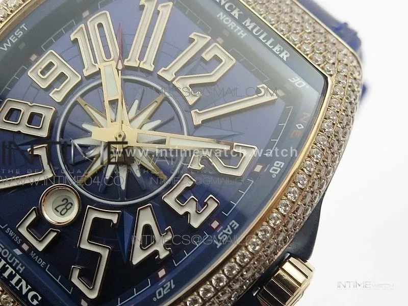 Vanguard V45 RG Full Diamonds Blue Textured Numbers Markers on Blue Gummy Strap A2813