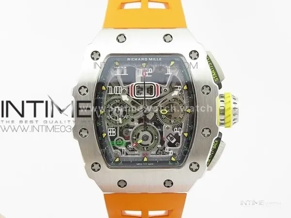 RM11-03 SS KVF 1:1 Best Edition Crystal Skeleton Dial on Orange Racing Rubber Strap A7750