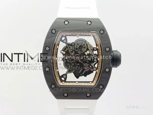 RM055 Carbon Case KVF Best Edition Carbon Bezel Skeleton Dial Black Crown on White Rubber Strap MIYOTA8215
