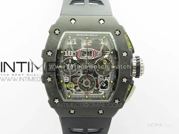 RM011 Carbon Case Chrono KVF 1:1 Best Edition Crystal Skeleton Yellow Dial on Black Rubber Strap A7750 V2