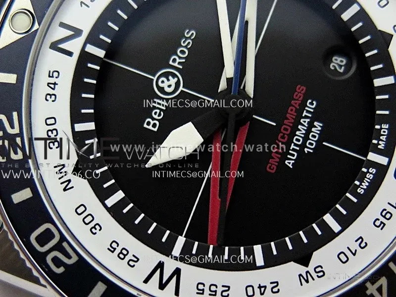 BR03 GMT Compass Blue/Black Bezel SS B12 Black Dial 42mm On Black Perforated Rubber Strap A2836 (Free Nylon Strap)