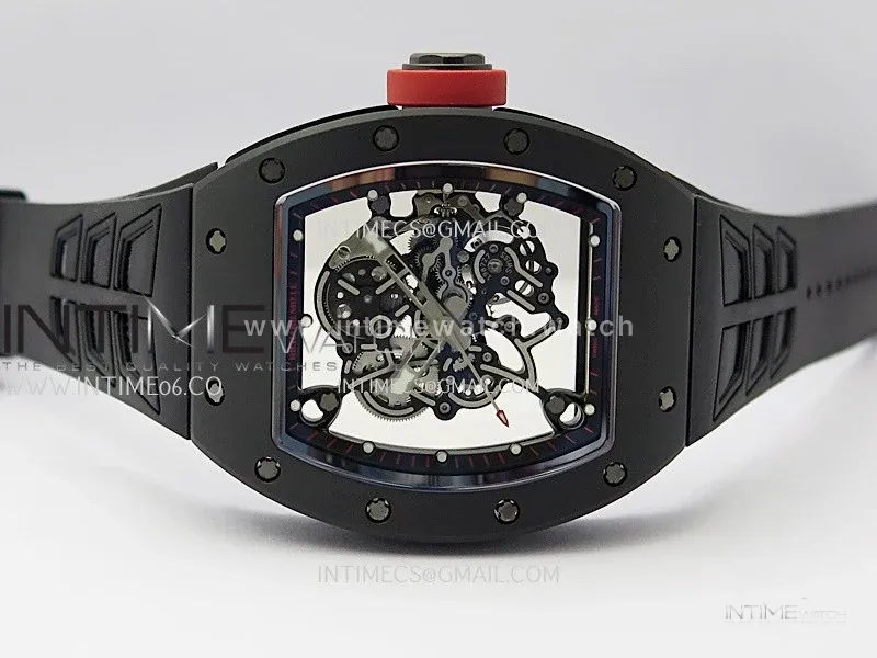 RM055 Red Crown Black Inner Black Ceramic ZF 1:1 Best Edition Skeleton Dial On Black Rubber Strap RMUL2 Super Clone