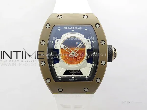 RM052-05 Brown Ceramic Bezel Carbon Case YSF Best Edition Skeleton Dial on White Rubber Strap Tourbillon