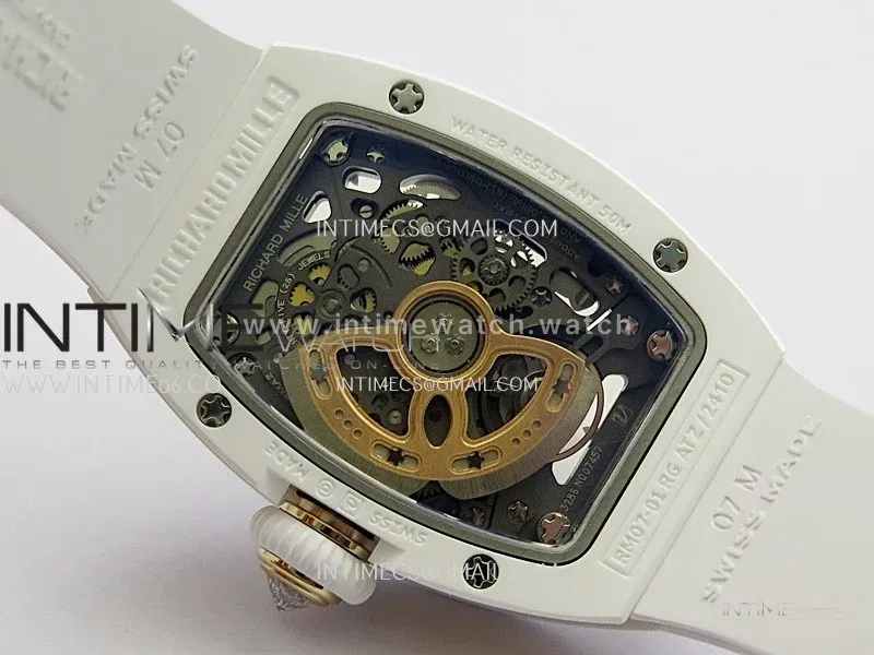 RM07 Real White Ceramic Diamond Bezel YG ZF Best Edition Red MOP Diamond Skeleton Dial On Black Rubber Strap Asian CRMA2 Clone