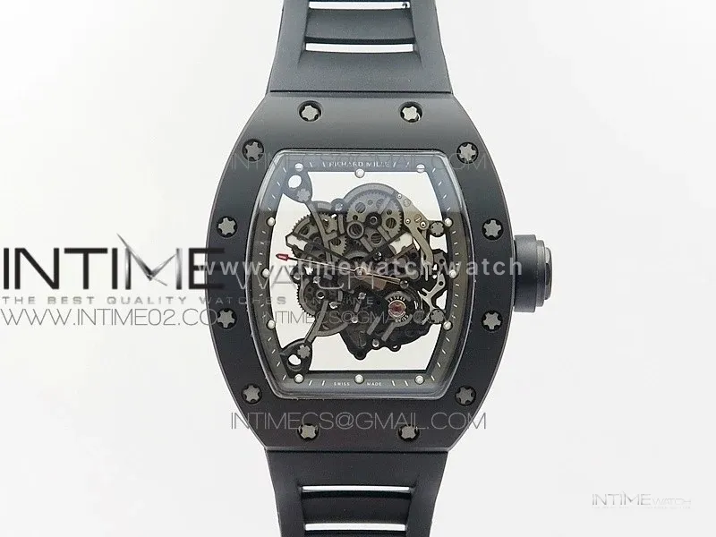RM055 White Ceramic Case KVF Best Edition Black Ceramic Bezel Skeleton Dial on Black Rubber Strap MIYOTA8215
