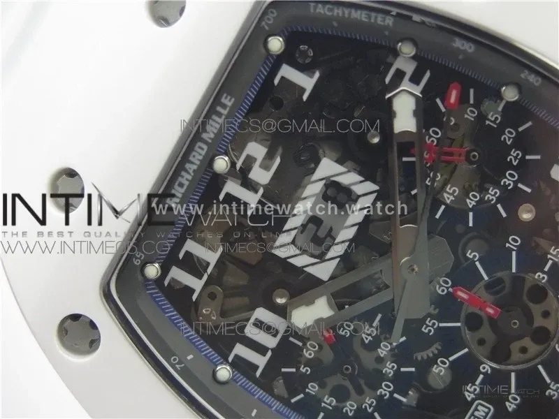 RM011 Real White Ceramic Chronograph KVF 1:1 Best Edition Crystal Skeleton Dial Blue on White Rubber Strap A7750