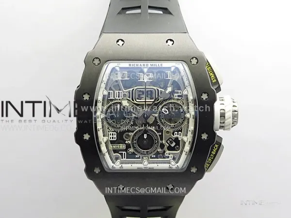 RM011 Titanium Case Black Ceramic Bezel Chronograph KUF Best Edition Skeleton Dial on Black Rubber Strap A7750