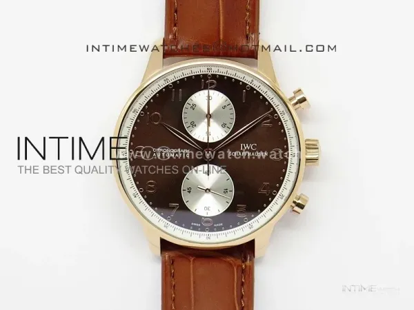 Portuguese 40mm Chrono RG Brown Dial Sliver Subdial on Leather Strap A7750