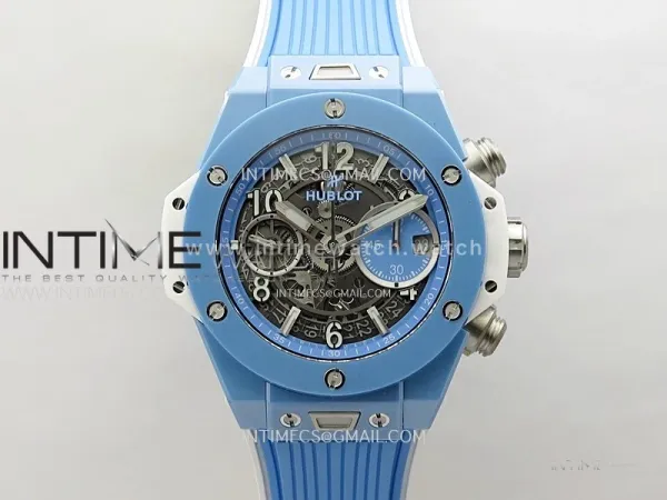 Hublot Big Bang Unico Blue/White Ceramic BBF 1:1 Best Edition Skeleton Dial on Blue/White Rubber Strap A1280