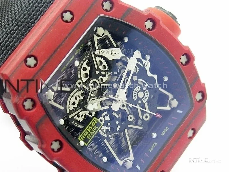 RM 035-2 Red Forged Carbon Black Inner Bezel Skeleton Dial on Black Nylon Strap MIYOTA9015