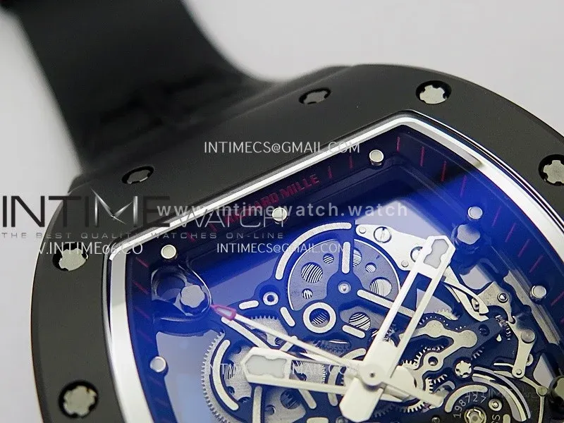 RM055 Red Crown Black Inner Black Ceramic ZF 1:1 Best Edition Skeleton Dial On Black Rubber Strap RMUL2 Super Clone