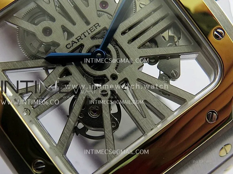 Santos Black SS/YG Rich Factory 1:1 Skeleton Silver Dial On SS/YG SmartLink Bracelet 9611MC Super Clone (Free Leather Strap)