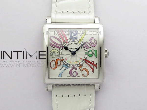 Master Square SS Ladies ZF 1:1 Best Edition White Colorful Arabic Dial on White Leather Strap Ronda Quartz