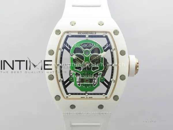 RM052 Skull White Ceramic/RG Real Tourbillon YSF Best Edition RG Skull Dial on White Rubber Strap