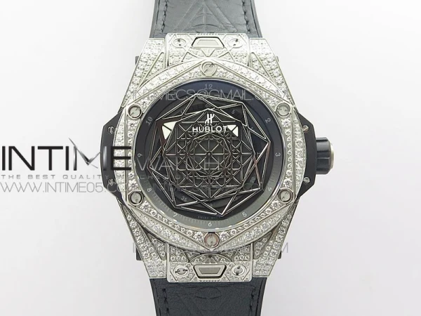 Big Bang Sang Bleu Ti Crystal  And Case WWF 1:1 Best Edition Black Skeletonal Dial On Black Gummy Strap Asian HB1213 V2