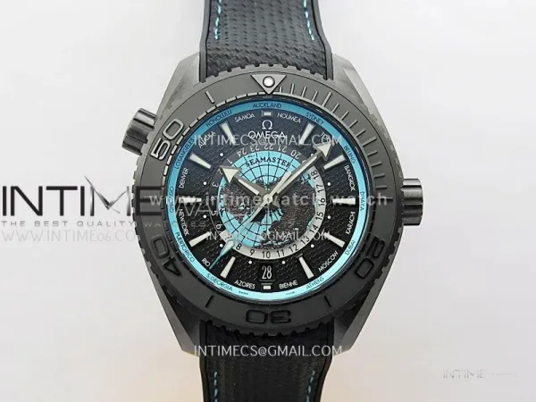 Planet Ocean 45.5mm GMT Worldtimer Real Ceramic VSF 1:1 Best Edition Black/blue Dial On Black Rubber Strap Super Clone 8938