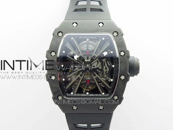 RM12-1 Real Tourbillon Forge Carbon KVF Best Edition Skeleton Dial on Black Rubber Strap