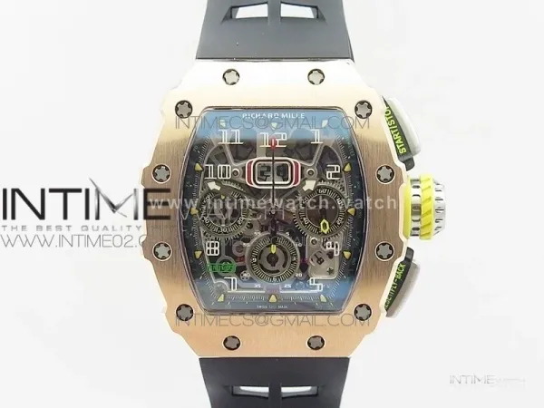 RM011 RG Chronograph SS Case KVF 1:1 Best Edition Crystal Skeleton Dial on Black Rubber Strap A7750