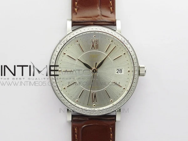 Portofino 37mm SS Diamond Bezel A7F 1:1 Best Edition Silver Dial on Brown Leather Strap A2892
