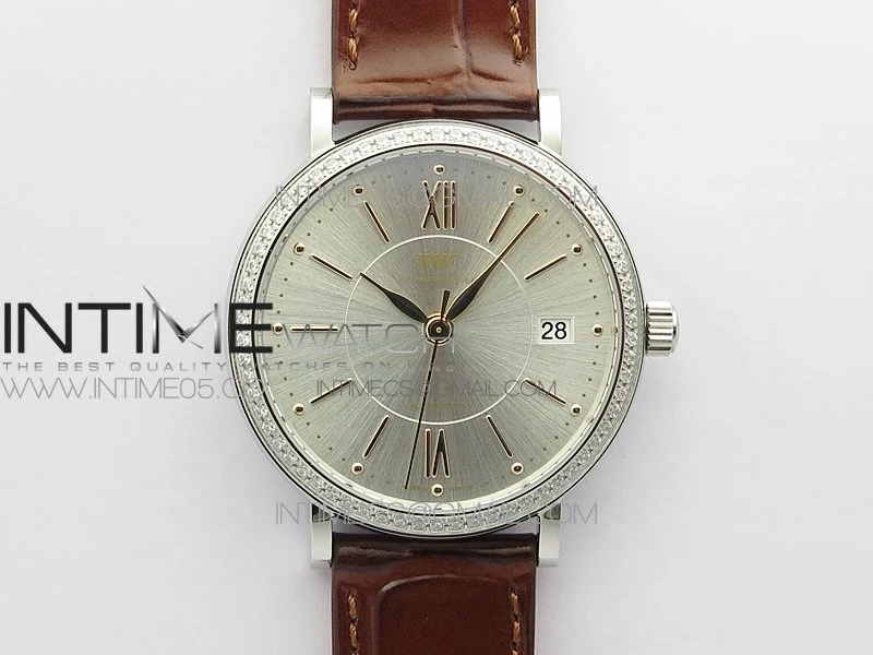 Portofino 37mm SS Diamond Bezel A7F 1:1 Best Edition Silver Dial on Brown Leather Strap A2892