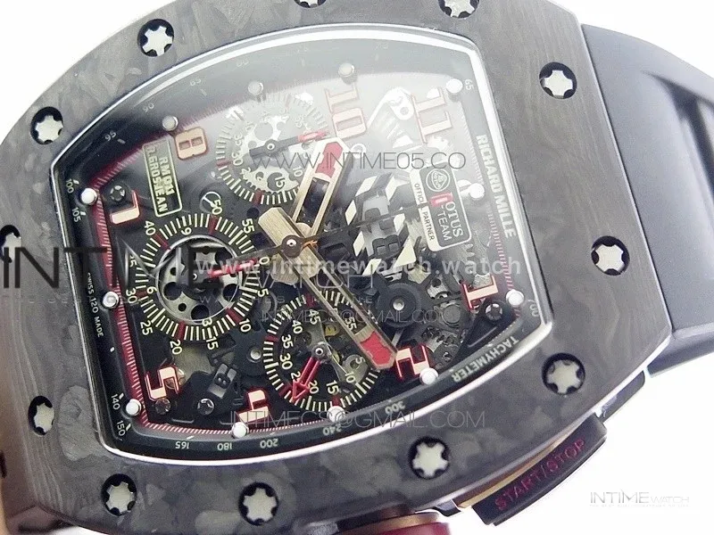 RM011 Carbon Case Carbon Bezel Chronograph KVF 1:1 Best Edition Skeleton Dial Red/RG on Black Rubber Strap A7750