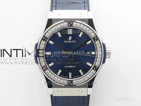 Classic Fusion 42mm SS Paved Diamonds Bezel B50F Blue Dial On Blue Gummy Strap A2892