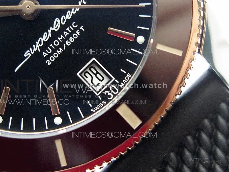 SuperOcean 42mm AB2010 SS/RG B50 1:1 Best Edition Black Dial Black Ceramic Bezel on Black Rubber strap A2824