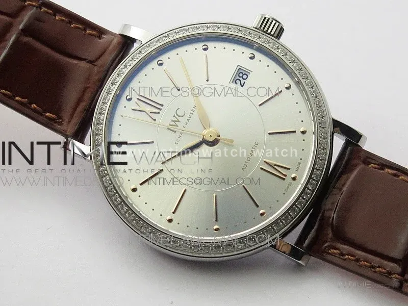 Portofino 37mm SS Diamond Bezel A7F 1:1 Best Edition Silver Dial on Brown Leather Strap A2892