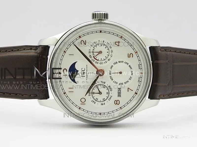 Portuguese Real PR Real Annual Calendar IW5034 V9F Best Edition White dial RG Markers On Brown Leather Strap A52610