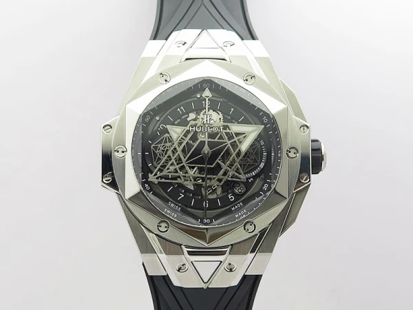 Big Bang Sang Bleu chrono SS B50 Black Skeletonal Dial On Black Gummy Strap Asian 7750