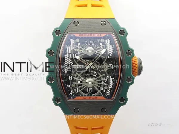 RM021-02 Real Tourbillon Black Carbon RMF Best Edition Skeleton Dial on Orange Rubber Strap