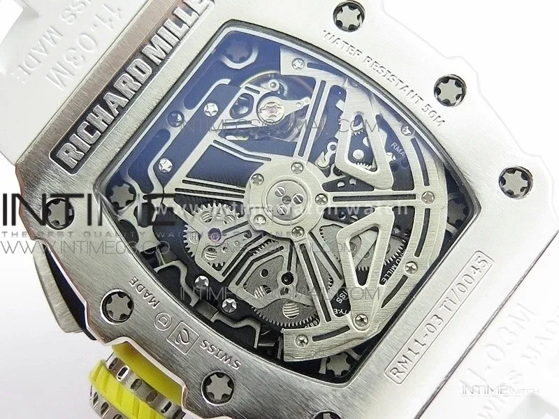 RM11-03 SS KVF 1:1 Best Edition Crystal Skeleton Dial on White Racing Rubber Strap A7750