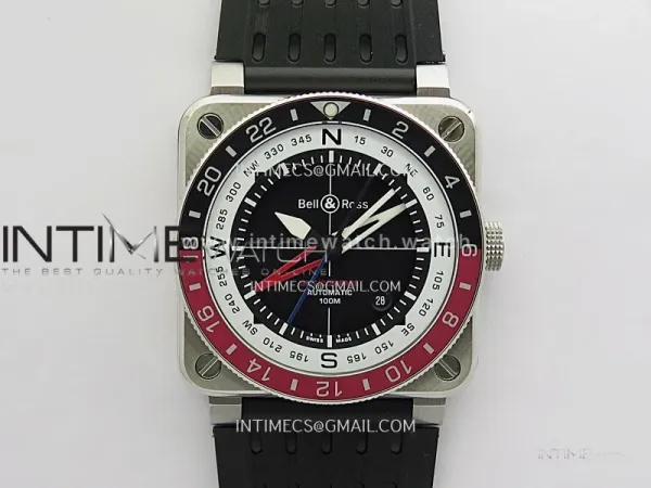 BR03 GMT Compass Black/Red Bezel SS B12 Black Dial 42mm On Black Perforated Rubber Strap A2836 (Free Nylon Strap)