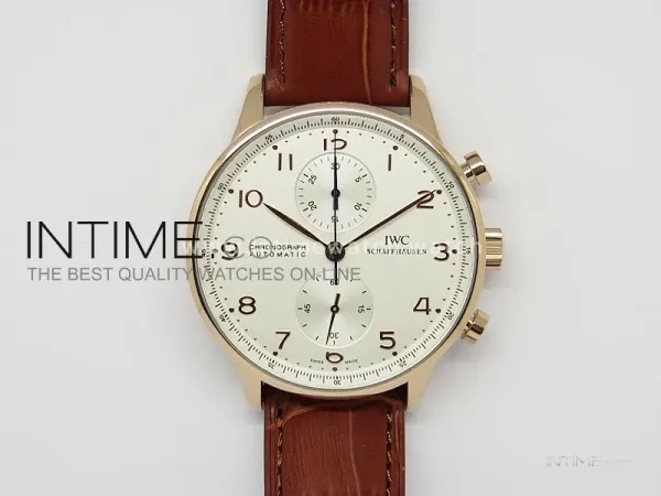 Portuguese 40mm Chrono RG White Dial on Leather Strap A7750
