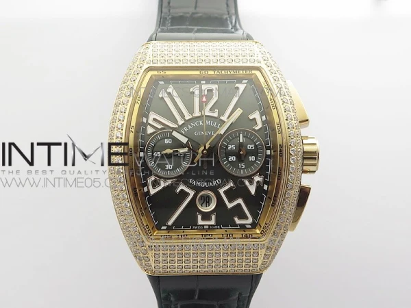 Vanguard V45 Chrono RG Pave Crystals Gold Inner Bezel ABF Best Edition Black Dial on Black Gummy Strap A7750