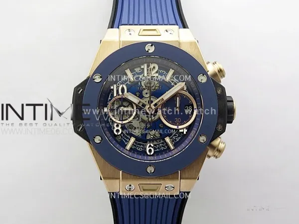 Hublot Big Bang Unico 42mm RG/Ceramic Bezel BBF 1:1 Best Edition Blue Skeleton Dial on Blue Rubber Strap A1280