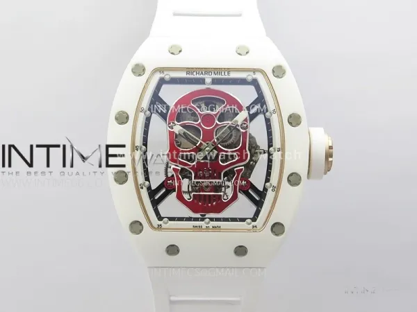 RM052 Skull White Ceramic/RG Real Tourbillon YSF Best Edition Red Skull Dial on White Rubber Strap