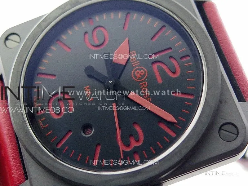 BR 03-92 Real Ceramic 1:1 Best Edition Black Dial Red Markers on Red Leather Strap MIYOTA 9015