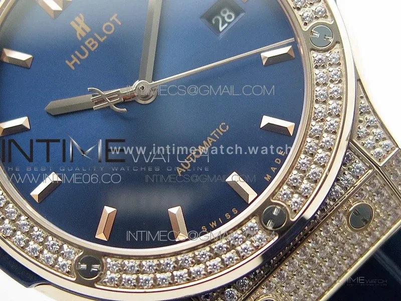 Classic Fusion 42mm RG Paved Diamonds Case/Bezel B50F Blue Dial On Blue Gummy Strap A2892