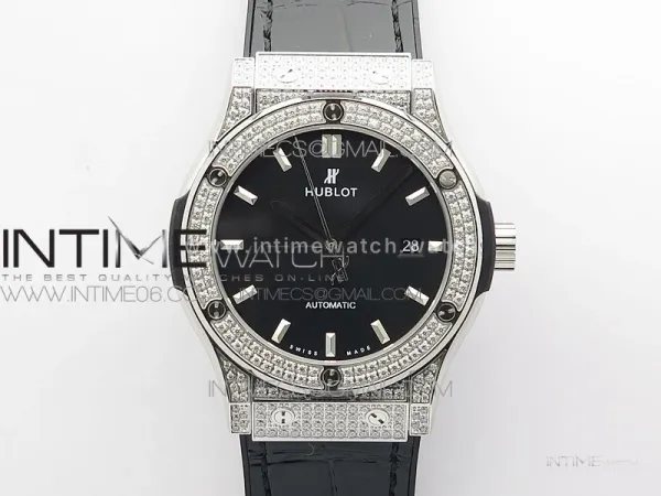 Classic Fusion 42mm SS Paved Diamonds Case/Bezel B50F Black Dial On Black Gummy Strap A2892