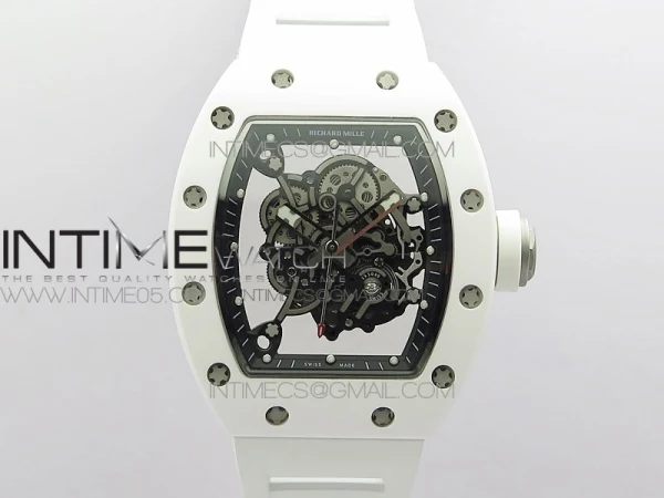 RM055 White Ceramic KVF Best Edition Skeleton Dial Black Crown on White Rubber Strap MIYOTA8215 V3
